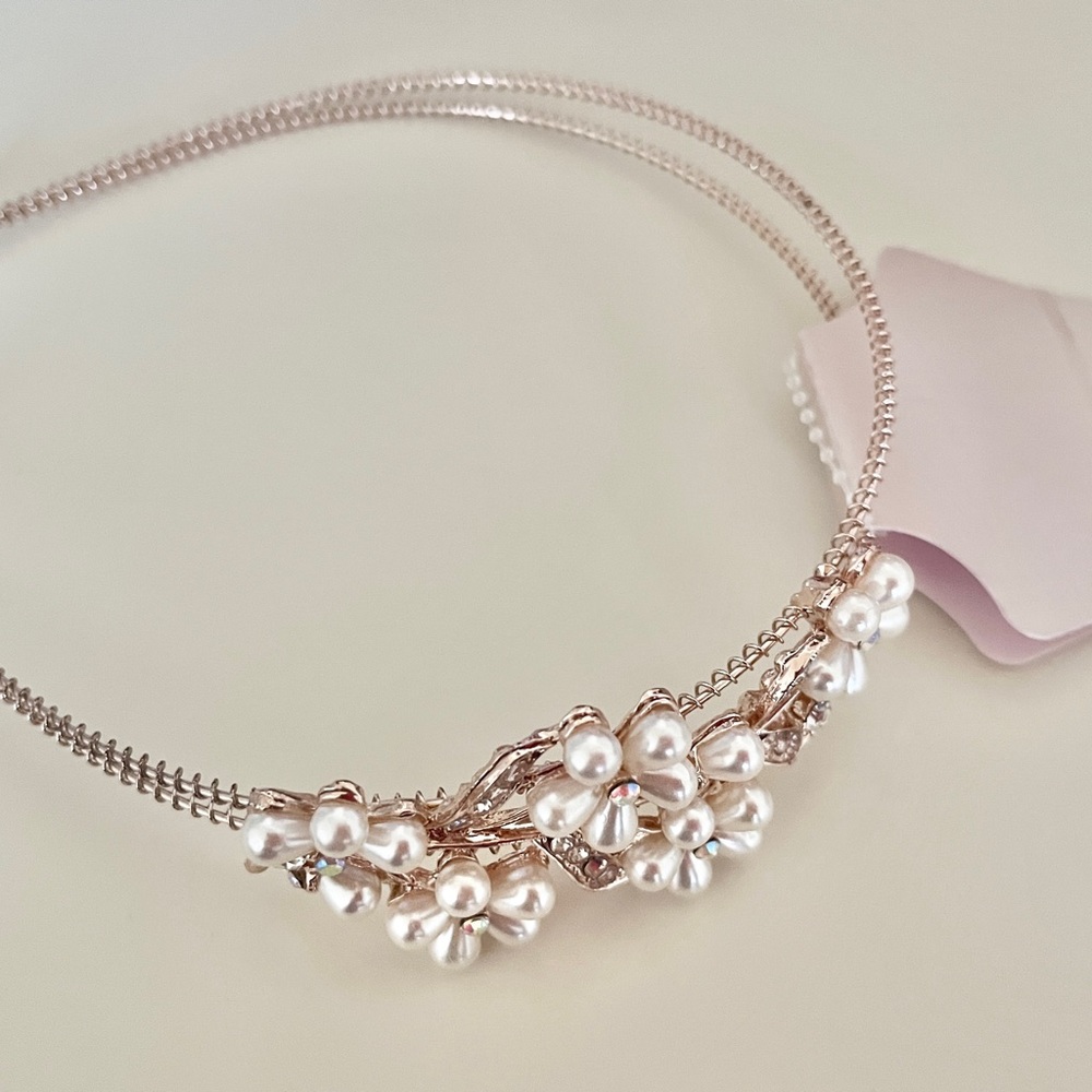 Women’s Headband, Gold, Pearl White Flowers, Accessory, Elegant,